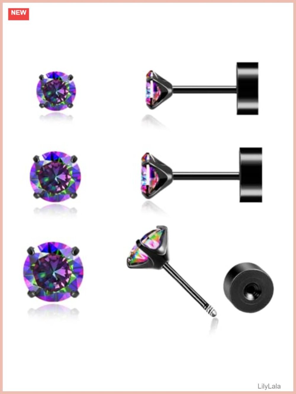 3 Pairs 14K Gold Plated Screw Flatback Stud Earrings Cubic Zirconia Cartilage